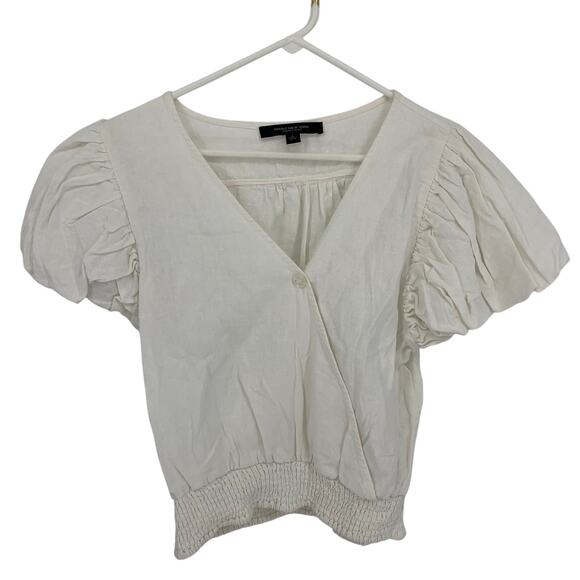 Marc New York Andrew Marc White Linen Blend Puff Sleeve Midi Wrap Top Size L - Picture 1 of 6